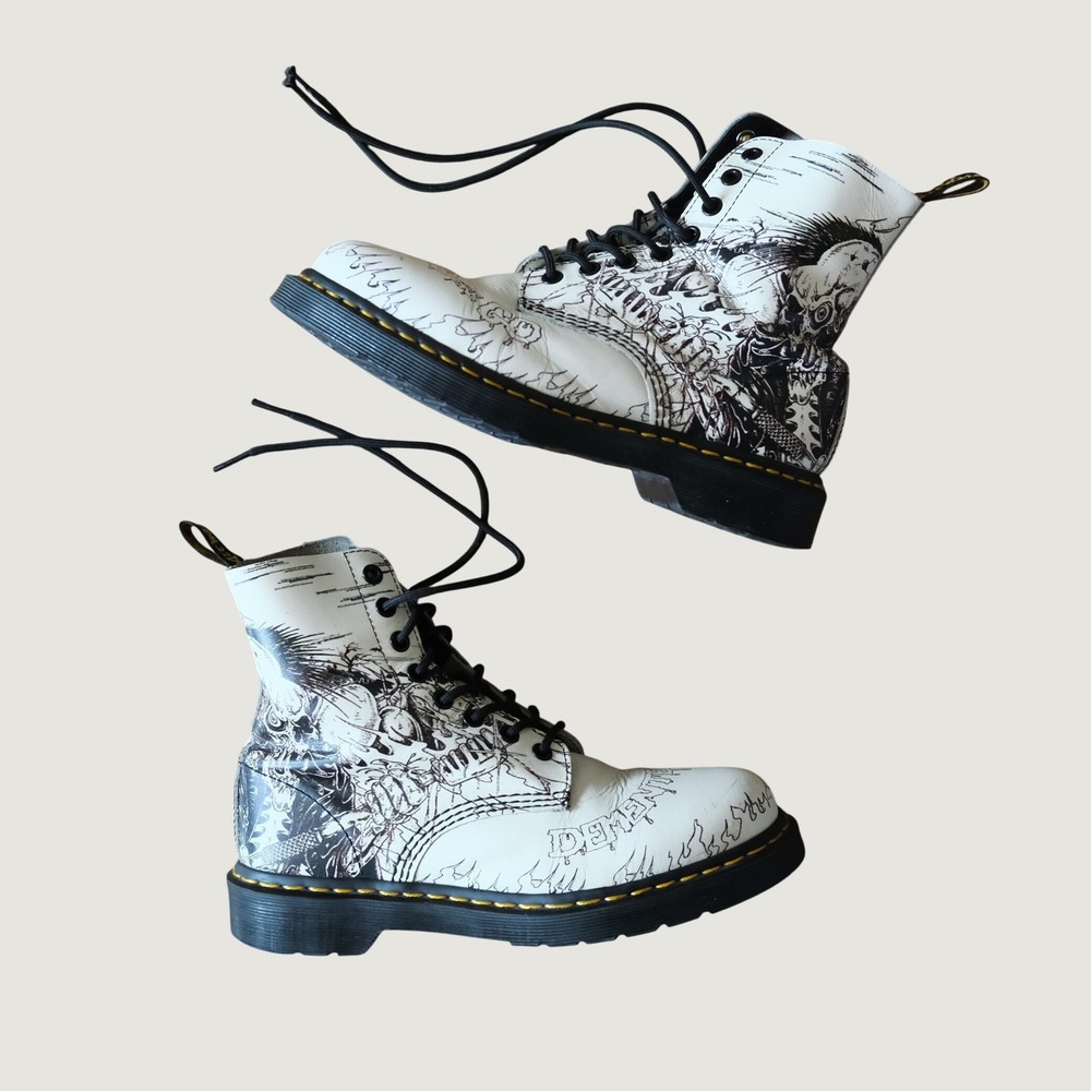 Dr. Martens Pascal Demented Are Go Boots White Leather Psychobilly Print Size 7